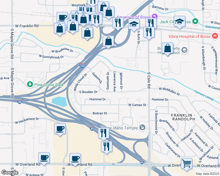 map of restaurants, bars, coffee shops, grocery stores, and more near 600 Sawtooth Drive in Boise