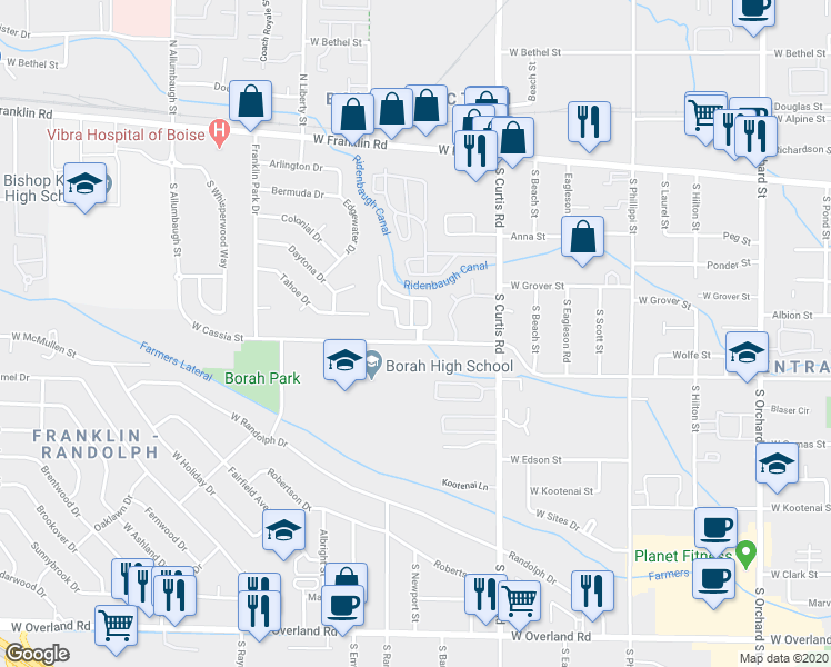 map of restaurants, bars, coffee shops, grocery stores, and more near 697 South Malaga Lane in Boise