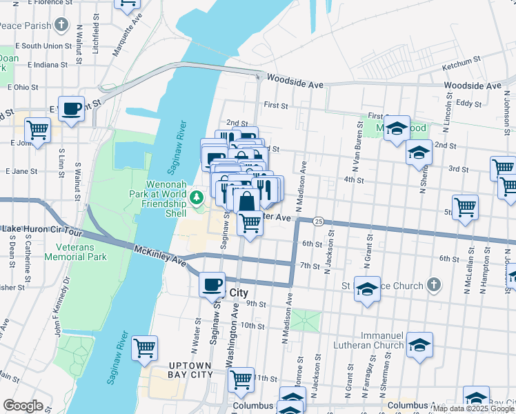map of restaurants, bars, coffee shops, grocery stores, and more near 822 Washington Avenue in Bay City