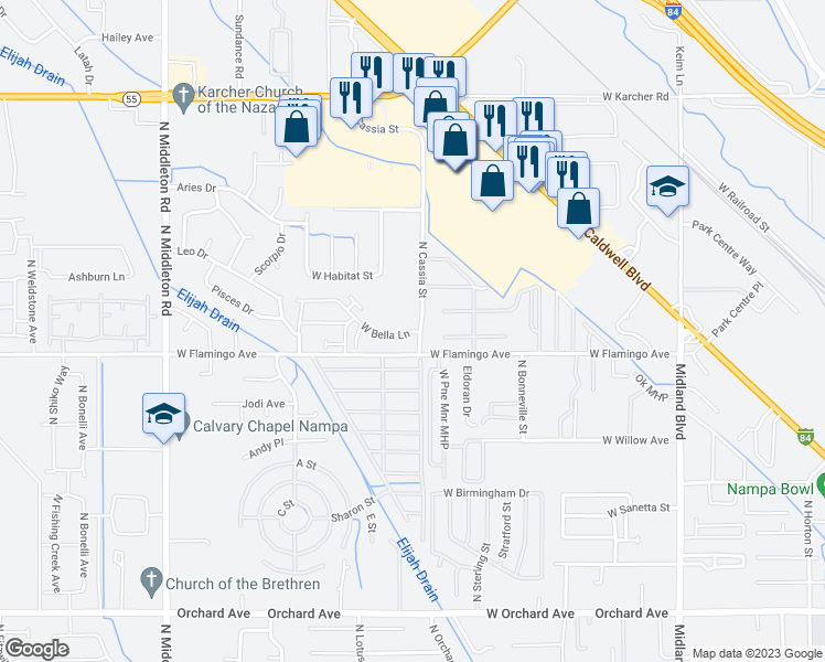 map of restaurants, bars, coffee shops, grocery stores, and more near 1825 West Bella Lane in Nampa