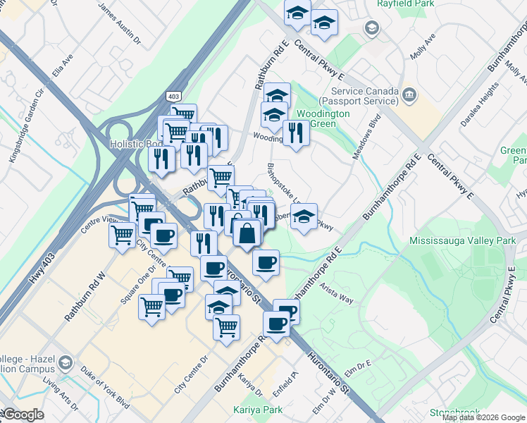 map of restaurants, bars, coffee shops, grocery stores, and more near 4123 Shipp Drive in Mississauga