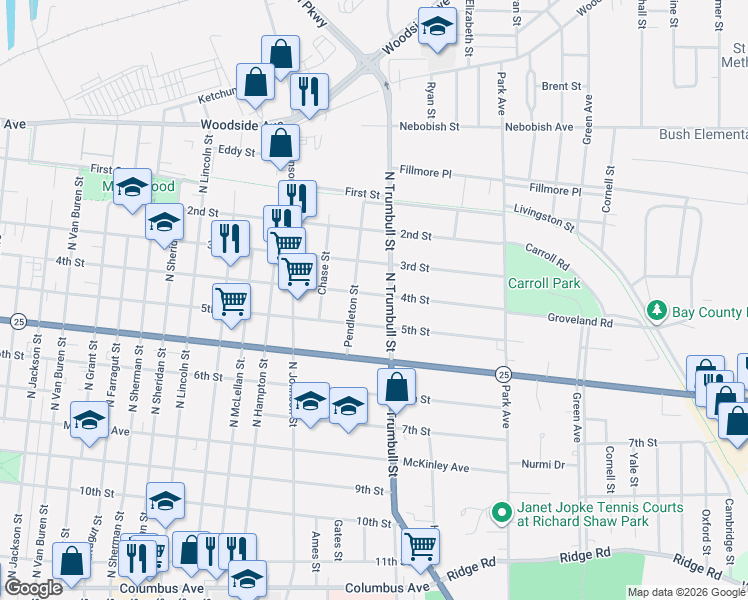 map of restaurants, bars, coffee shops, grocery stores, and more near 2009 4th Street in Bay City