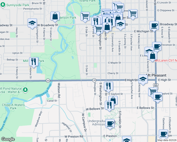 map of restaurants, bars, coffee shops, grocery stores, and more near 631 South Oak Street in Mount Pleasant