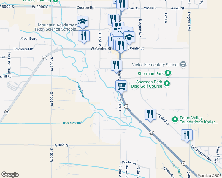 map of restaurants, bars, coffee shops, grocery stores, and more near 217 South Main Street in Victor