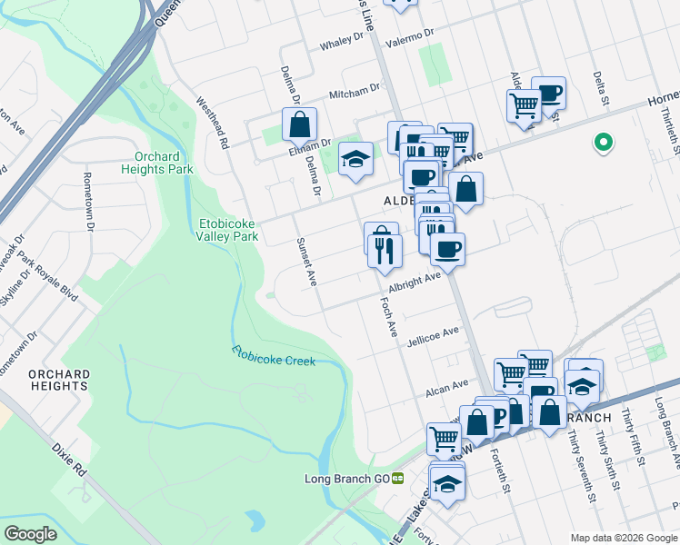 map of restaurants, bars, coffee shops, grocery stores, and more near 60 Woodbury Road in Toronto