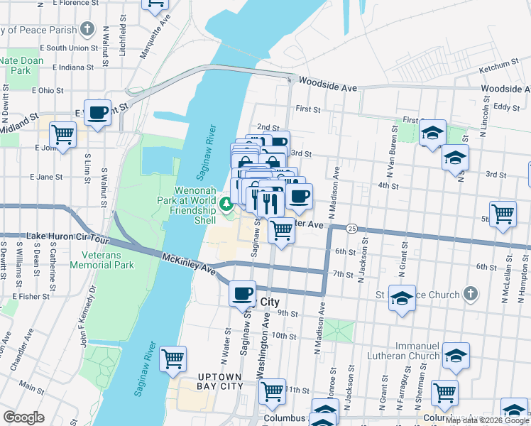 map of restaurants, bars, coffee shops, grocery stores, and more near 821 Saginaw Street in Bay City