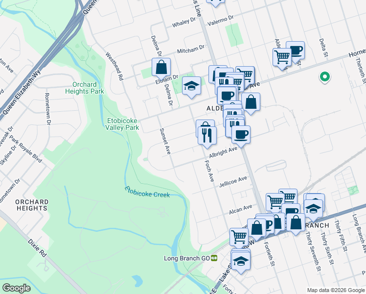 map of restaurants, bars, coffee shops, grocery stores, and more near 60 Woodbury Road in Toronto