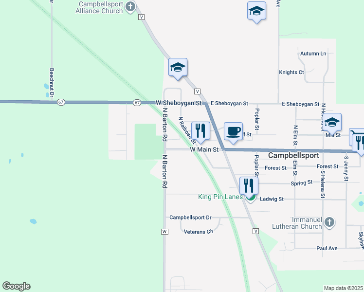 map of restaurants, bars, coffee shops, grocery stores, and more near 207 North Railroad Street in Campbellsport