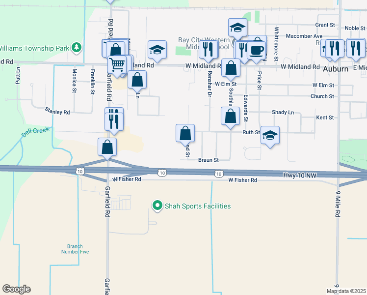map of restaurants, bars, coffee shops, grocery stores, and more near 406 Ireland Street in Auburn
