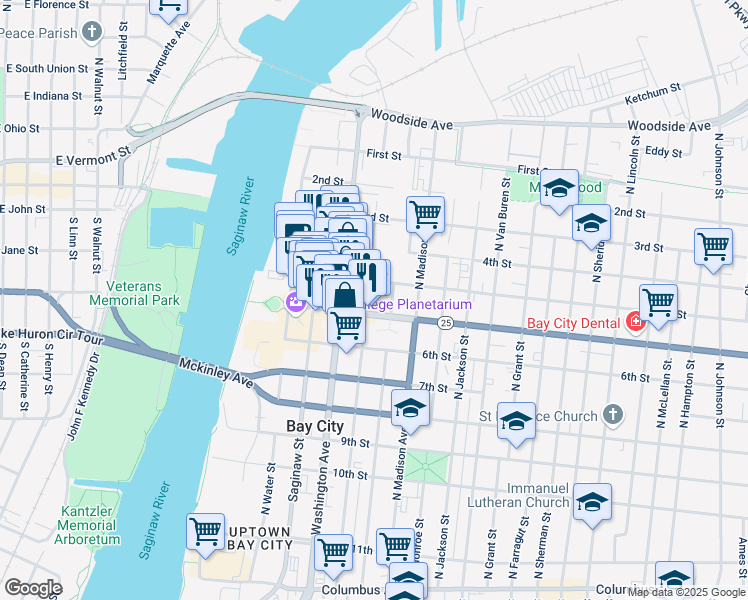 map of restaurants, bars, coffee shops, grocery stores, and more near 403 5th Street in Bay City
