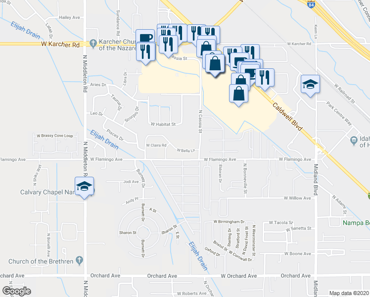 map of restaurants, bars, coffee shops, grocery stores, and more near 1860 West Bella Lane in Nampa