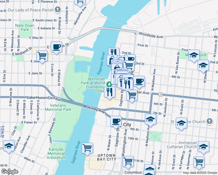 map of restaurants, bars, coffee shops, grocery stores, and more near 801 North Water Street in Bay City
