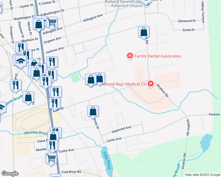 map of restaurants, bars, coffee shops, grocery stores, and more near 99 Allen Street in Rutland