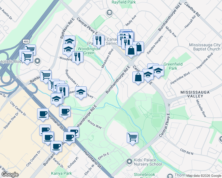 map of restaurants, bars, coffee shops, grocery stores, and more near 204 Burnhamthorpe Road East in Mississauga
