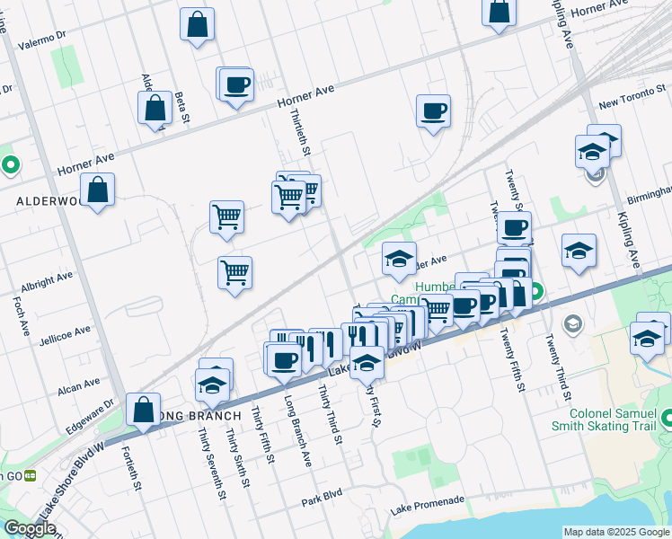 map of restaurants, bars, coffee shops, grocery stores, and more near 80 Thirtieth Street in Toronto
