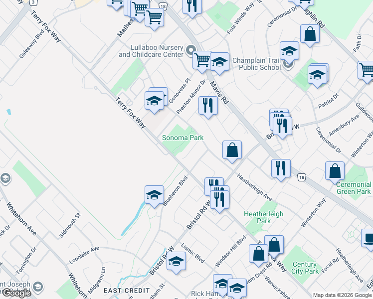 map of restaurants, bars, coffee shops, grocery stores, and more near 957 Sonoma Court in Mississauga