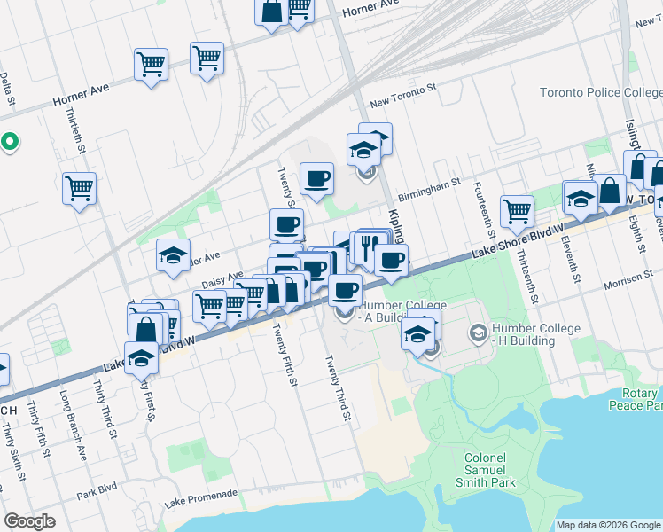 map of restaurants, bars, coffee shops, grocery stores, and more near 24 Twenty First Street in Toronto
