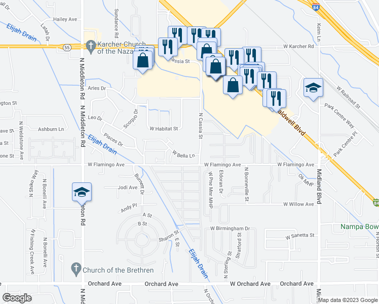map of restaurants, bars, coffee shops, grocery stores, and more near 1880 West Bella Lane in Nampa