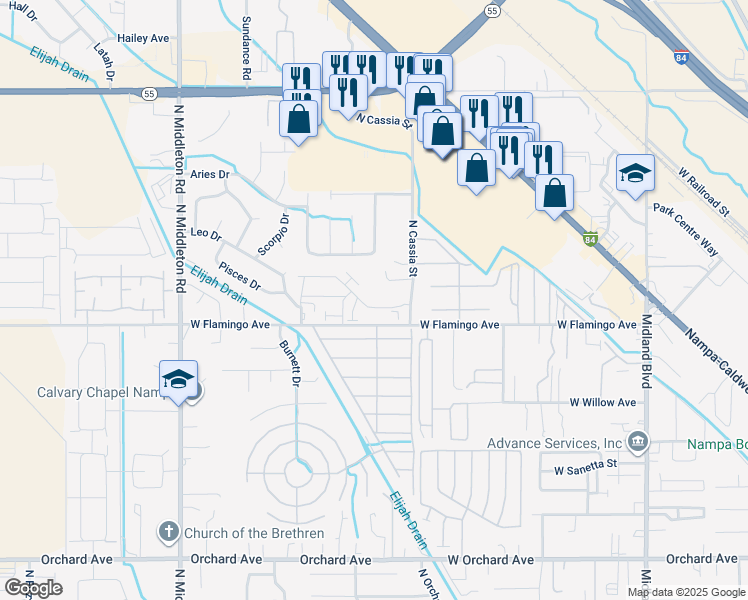 map of restaurants, bars, coffee shops, grocery stores, and more near 1920 West Bella Lane in Nampa