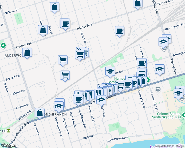 map of restaurants, bars, coffee shops, grocery stores, and more near 80 Thirtieth Street in Toronto