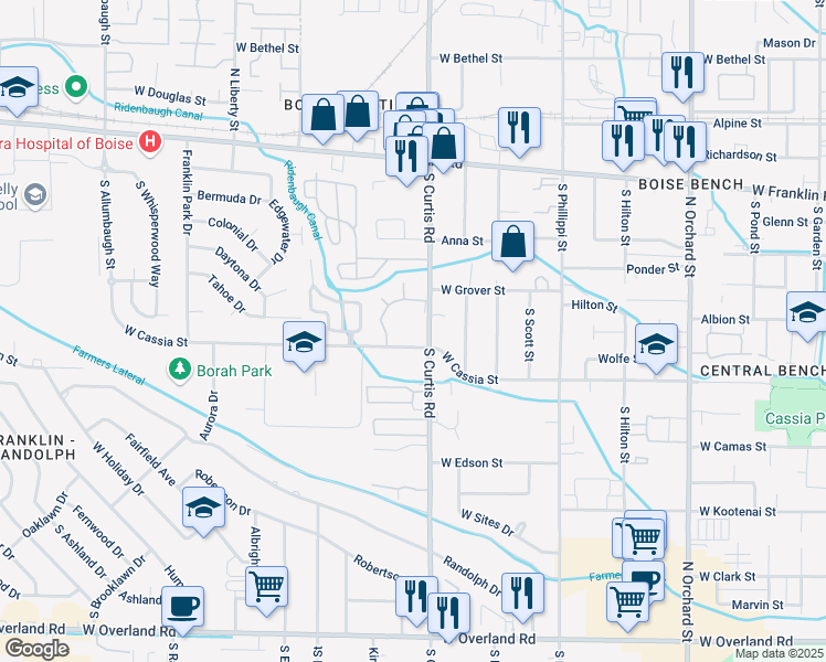 map of restaurants, bars, coffee shops, grocery stores, and more near 507 South Curtis Road in Boise