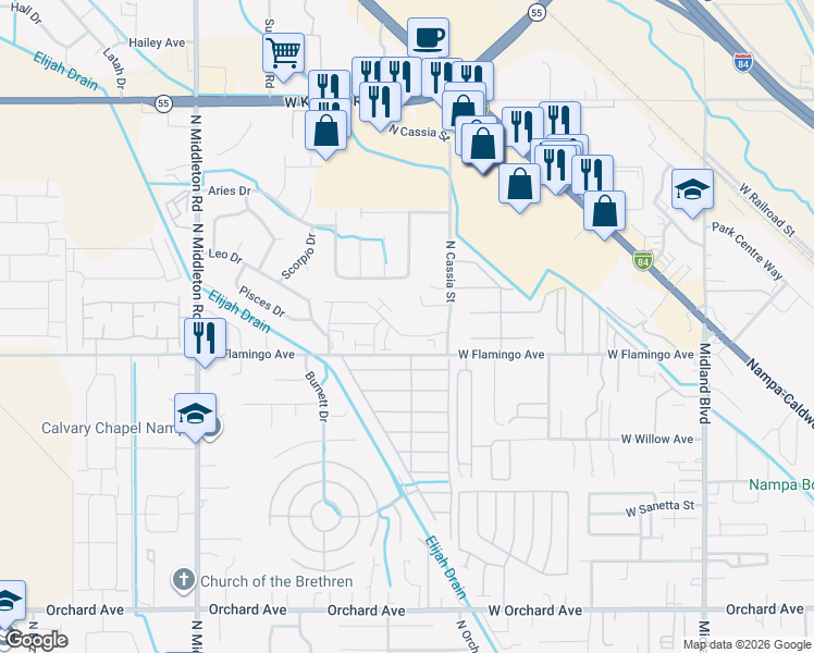 map of restaurants, bars, coffee shops, grocery stores, and more near 1988 West Bella Lane in Nampa
