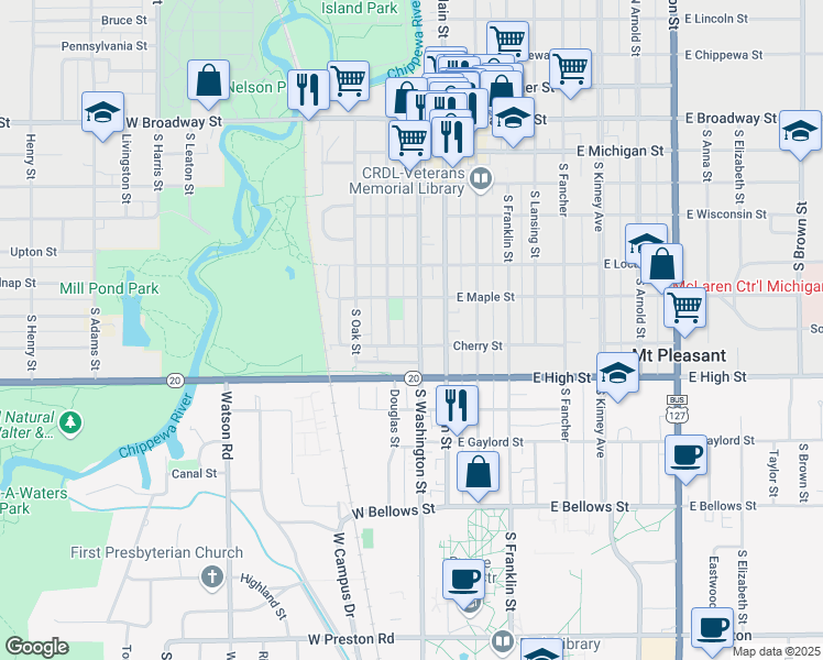 map of restaurants, bars, coffee shops, grocery stores, and more near 624 South Washington Street in Mount Pleasant