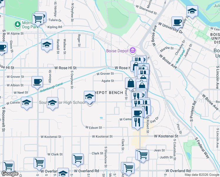 map of restaurants, bars, coffee shops, grocery stores, and more near 2916 West Gem Street in Boise