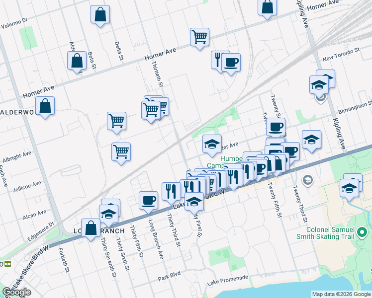 map of restaurants, bars, coffee shops, grocery stores, and more near 92 Twenty Ninth Street in Toronto