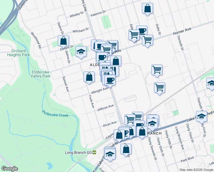 map of restaurants, bars, coffee shops, grocery stores, and more near 256 Browns Line in Toronto