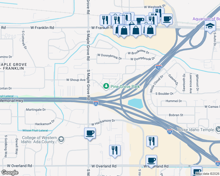 map of restaurants, bars, coffee shops, grocery stores, and more near 8712 West Pine Valley Lane in Boise