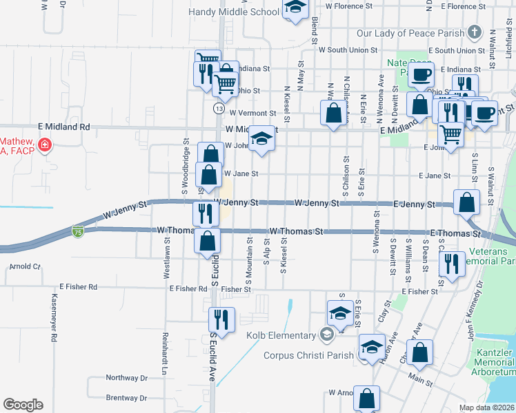 map of restaurants, bars, coffee shops, grocery stores, and more near 706 West Jenny Street in Bay City