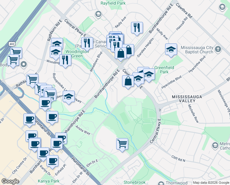 map of restaurants, bars, coffee shops, grocery stores, and more near 1320 Mississauga Valley Boulevard in Mississauga