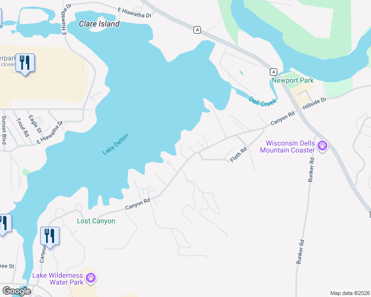 map of restaurants, bars, coffee shops, grocery stores, and more near 1093 Canyon Road in Wisconsin Dells