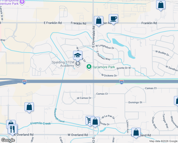 map of restaurants, bars, coffee shops, grocery stores, and more near 12275 West Braddock Drive in Boise