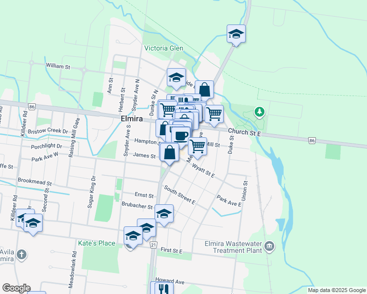 map of restaurants, bars, coffee shops, grocery stores, and more near 53 Arthur Street South in Elmira