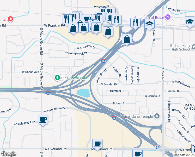 map of restaurants, bars, coffee shops, grocery stores, and more near 613 White Cloud Drive in Boise