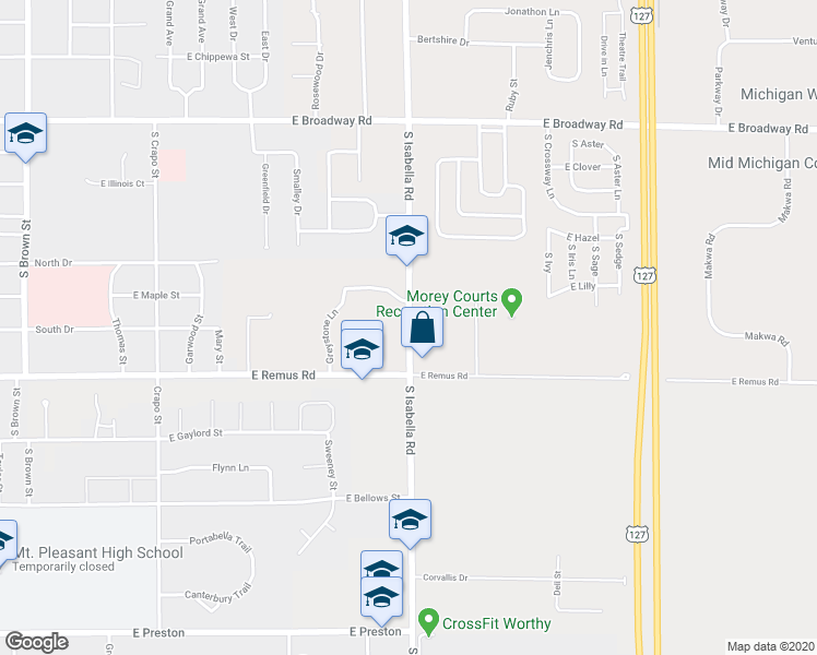 map of restaurants, bars, coffee shops, grocery stores, and more near 331 N Main St in Mt Pleasant