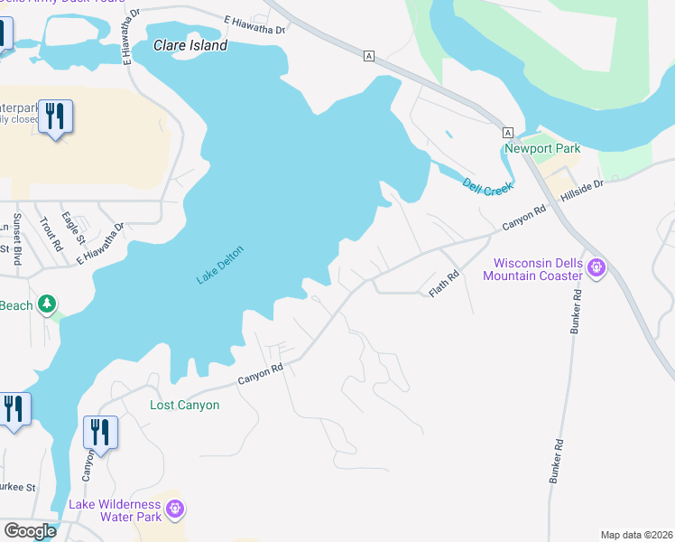 map of restaurants, bars, coffee shops, grocery stores, and more near 1093 Canyon Road in Wisconsin Dells