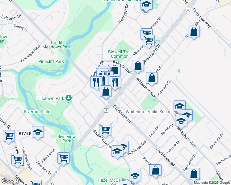 map of restaurants, bars, coffee shops, grocery stores, and more near 6055 Creditview Road in Mississauga