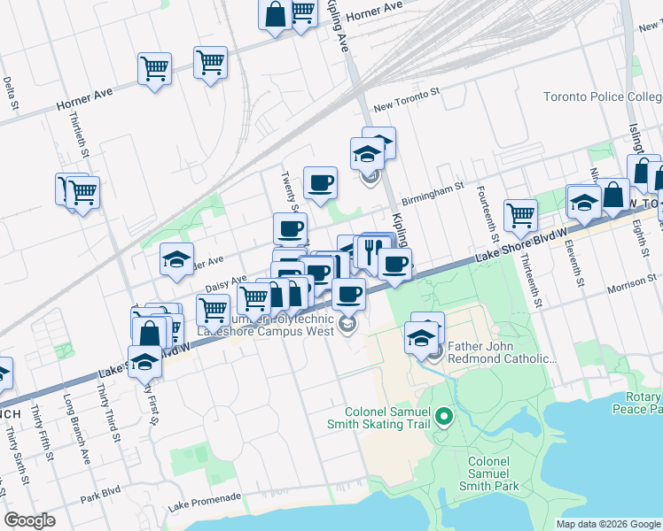 map of restaurants, bars, coffee shops, grocery stores, and more near 28A Twenty First Street in Toronto