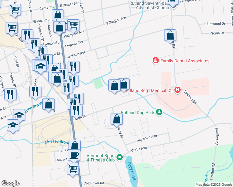 map of restaurants, bars, coffee shops, grocery stores, and more near 69 Allen Street in Rutland
