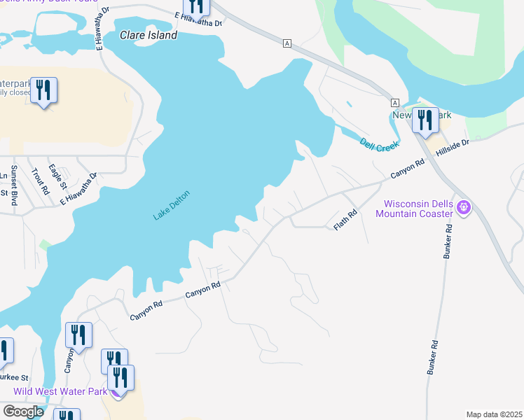 map of restaurants, bars, coffee shops, grocery stores, and more near 1093 Canyon Road in Wisconsin Dells