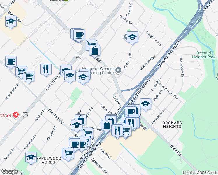 map of restaurants, bars, coffee shops, grocery stores, and more near 2087 Primate Road in Mississauga