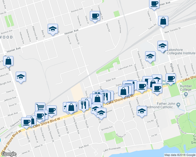 map of restaurants, bars, coffee shops, grocery stores, and more near 97 Twenty Ninth Street in Toronto