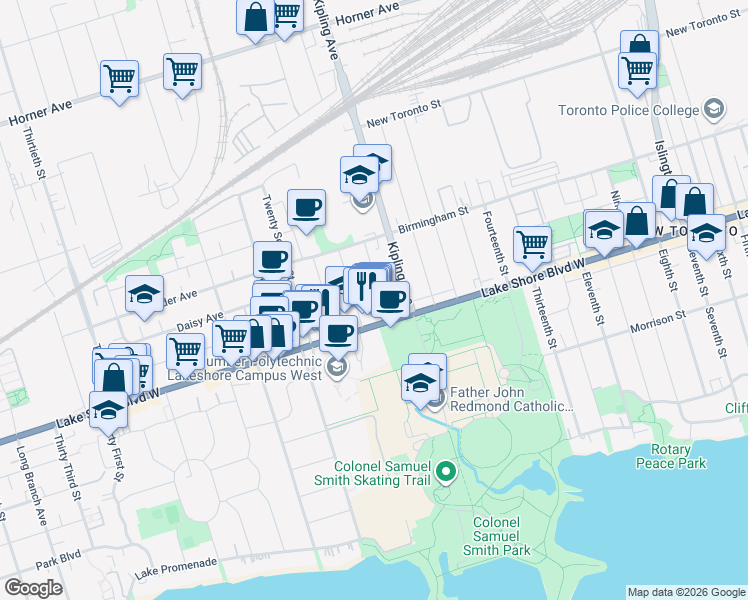 map of restaurants, bars, coffee shops, grocery stores, and more near 10 Nineteenth Street in Toronto