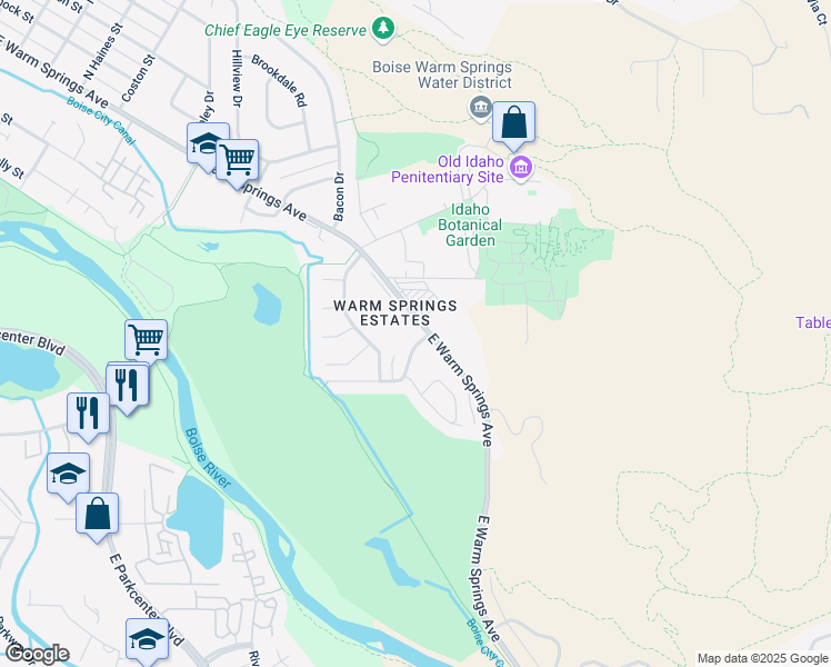 map of restaurants, bars, coffee shops, grocery stores, and more near 2237 East Warm Springs Avenue in Boise