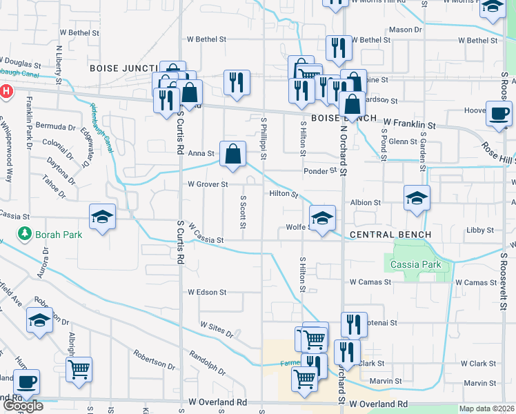 map of restaurants, bars, coffee shops, grocery stores, and more near 518 South Phillippi Street in Boise