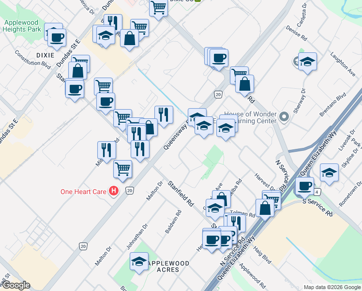 map of restaurants, bars, coffee shops, grocery stores, and more near 1199 Melton Drive in Mississauga