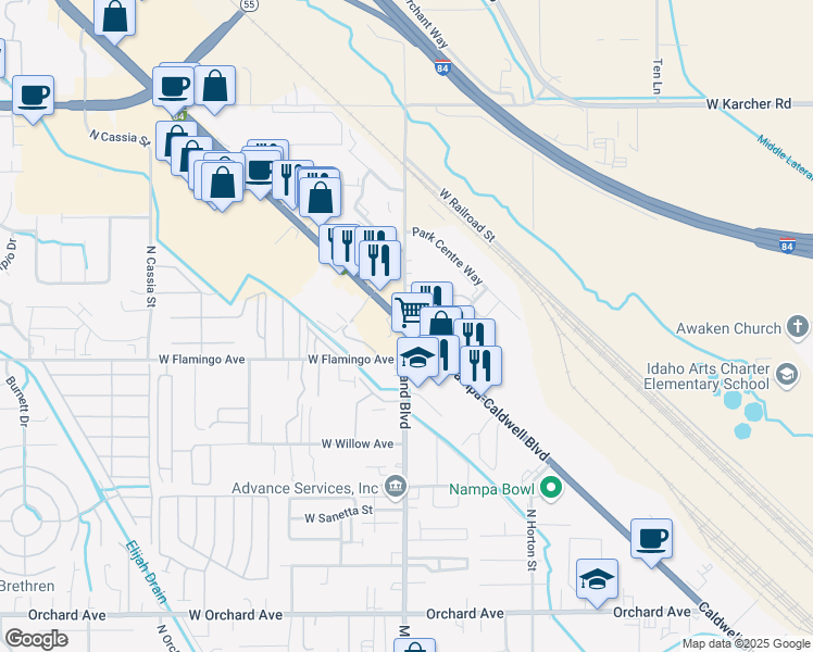 map of restaurants, bars, coffee shops, grocery stores, and more near Nampa-Caldwell Boulevard in Nampa